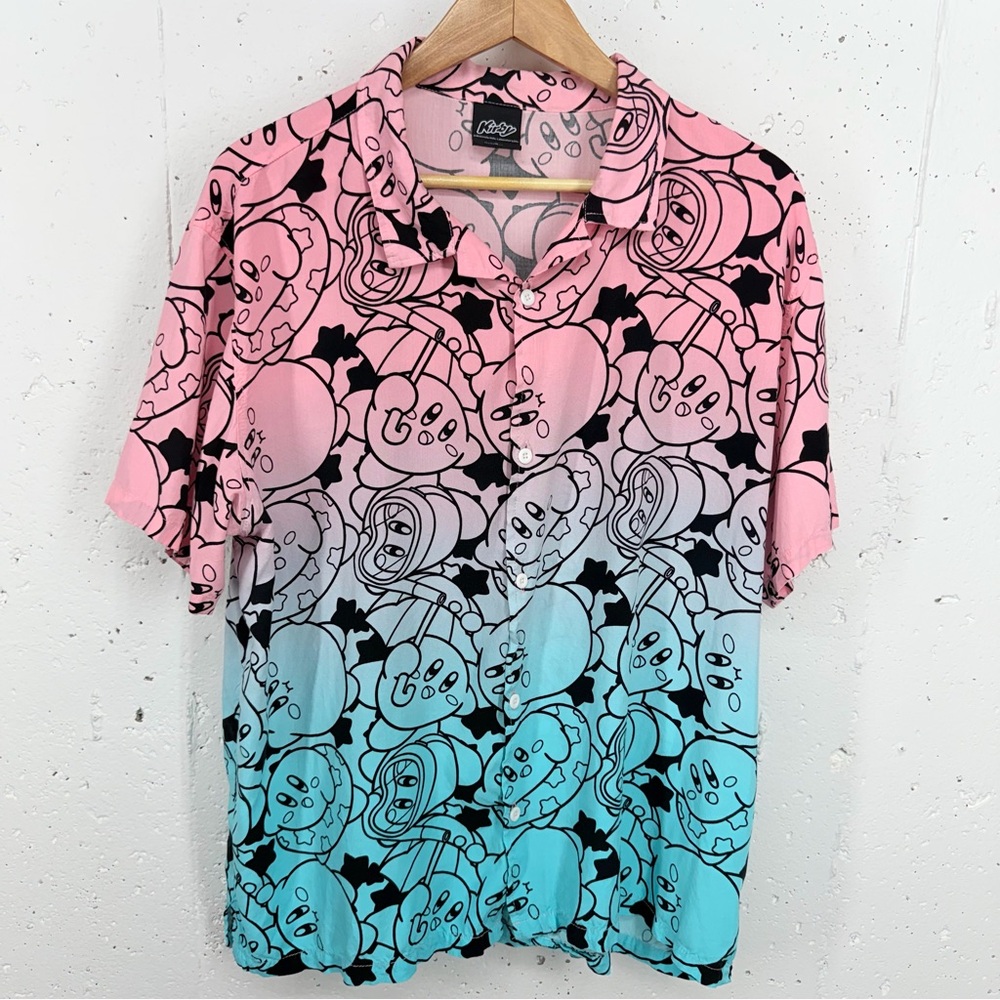Nintendo Men’s XL Kirby Pink & Blue Short Sleeve Button Down Shirt - Picture 2 of 11